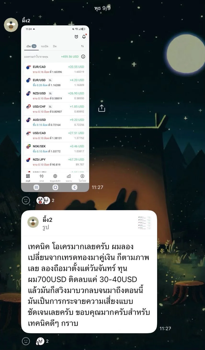 ภาพหน้าจอแชตและบัญชีเทรดของผู้เรียน RICHA TRADER "เทคนิคโอเคมากเลยครับ เป็นการกระจายความเสี่ยงแบบชัดเจนเลยครับ"